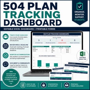 Puede incluir: Una plantilla digital de panel de seguimiento de plan 504 en una pantalla de portátil, con gráficos de Excel editables, tablas y formularios imprimibles. La interfaz incluye datos sobre el estado de los casos, la implementación de ajustes y registros.