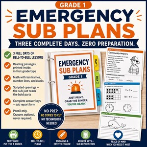 May include: A Grade 1 Emergency Sub Plans binder set featuring three days of lessons. Includes reading passages about community helpers, math worksheets with ten frames and clocks, and writing prompts. Features a blue binder with color-coded tabs.