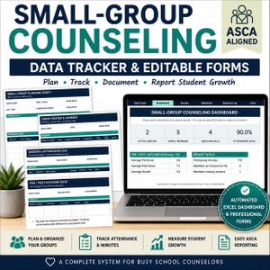 May include: A digital small-group counseling data tracker and editable forms system displayed on a laptop screen and printed sheets. The interface features a dashboard with attendance and growth metrics, alongside planning, roster, and outcome forms.