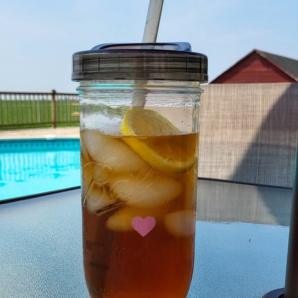 Mason jar pint and a half cup with lid and straw, travel cup with heart, cup for iced coffee or iced tea