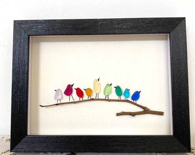 Sea Glass Rainbow Birds Art – Colorful Branch Wall Decor, Gift For Dad, Father Day Gift Idea