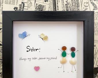 Personalized Sea Glass Sister Art, Gift for Sister, Framed