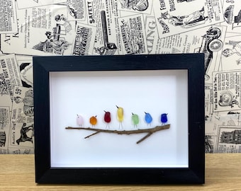 Rainbow Bird - Handmade sea glass decor- 7 Birds on the branch art - Framed unique gift - Sea Glass Art - Customized bird gift