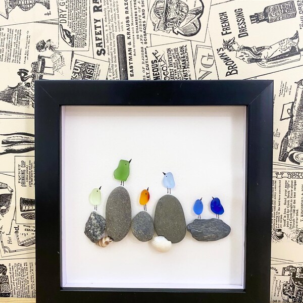 Sea Glass & Pebble Art Birds on Rocks - Framed Coastal Wall Decor
