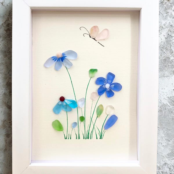 Regalo para mamá, adorno de pared de vidrio marino con flores, regalo para el Día de la Madre, regalo de San Valentín para ella, arte con vidrio marino, decoración floral de pared