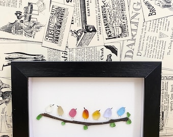Seaglass Bird Art – Handmade Colorful Pebble Birds on Branch (5x7 Frame)