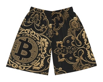 ブラック＆ゴールドのビットコイン柄バスケットボールショーツ（AOP）