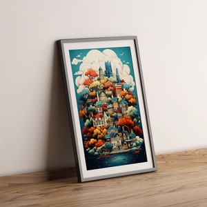 Poster mit futuristischer Stadt und Natur. 50x70sm Größe A3/A4/Easy to print