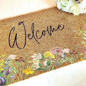 Welcome Script Doormat, Flocked Coir Outdoor Welcome Mat, Floral Door Mat, Colorful Door Mat, Housewarming Client Gift, Porch Decor