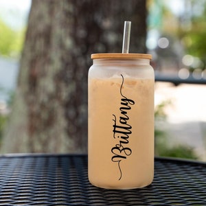 Personalized Iced Coffee Cup, Custom Beer Can Glass with Lid and Straw, Bridesmaid Gift, Glass Cup, Bridesmaid Proposal Custom Coffee Can