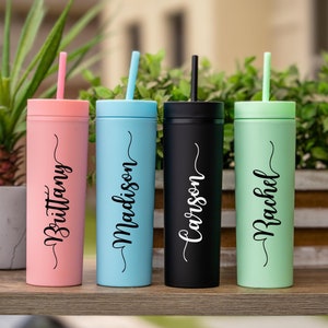 Personalized Skinny Tumbler, Bridesmaid Tumbler with Straw, Bachelorette Party, Wedding Party Water Glass Gifts, Beach Cup, Bridal Tumbler