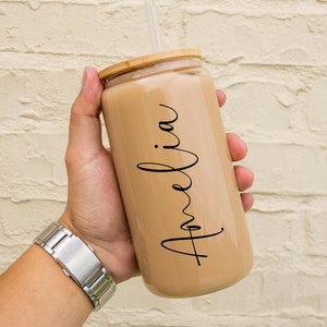 Personalized Iced Coffee Cup, 16oz Glass Cup, Custom Beer Can Glass with Lid and Straw, Bridesmaid Gift, Bridesmaid Proposal Gift