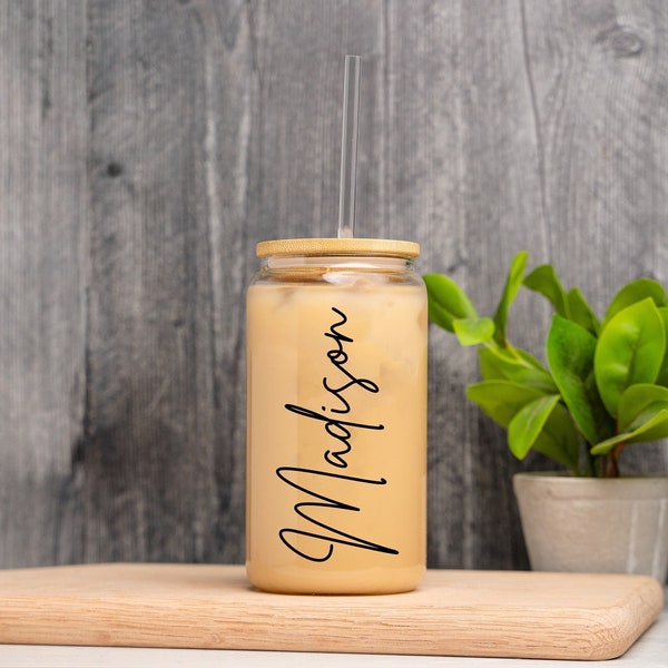 Personalized Iced Coffee Glass Custom Iced Coffee Cup Personalized Glass Custom Coffee Cup with Lid Bridesmaid Proposal Gift Bridesmaid Gift