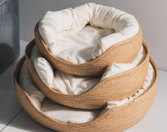 Pet Cat Mat Dog Bed Sofa Handmade Bamboo Weaving Four Season Cozy Nest Baskets Waterproof Removable Cushion Sleeping House