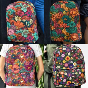 Sac à dos pour ordinateur portable à motif floral imprimé floral coloré Sac à dos léger sur le thème des fleurs Sac à dos à ressort de type botanique Cartable pour ordinateur portable de style botanique pour enfant