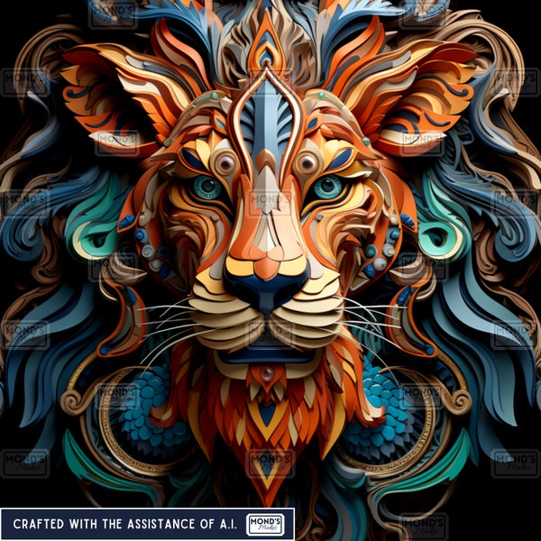 Bold Lion Theme Design Wall Art Print HD Digital Download Lion Head Portrait PNG Unique Big Cat Office Photo 3D Style Lion Motif Room Accent