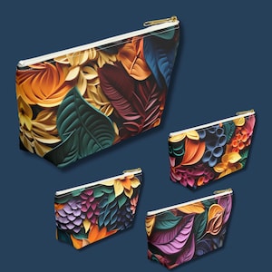 3D Leaf Theme All Over Print Lightweight Zipper Pouch Unisex Fall Leaf Pattern Small Pencil Pouch Kid Foliage Design Lrg Accessory Pouch Wmn