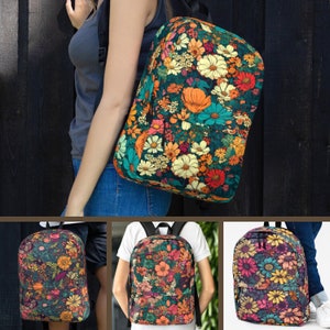 Sac à dos à imprimé floral sur le thème des fleurs vives unisexe sac à dos à motif floral animé pour femme, design botanique mignon, sac à dos pour ordinateur portable, écolier