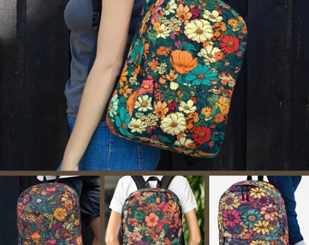 Vivid Flower Theme All Over Print Med Backpack Unisex Lively Floral Pattern Book Bag Women Cute Botanical Design Laptop Back Pack School Kid