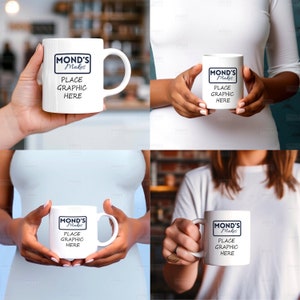 May include: White ceramic mug with a black rectangular design that says "MOND'S Makes" and "PLACE GRAPHIC HERE".