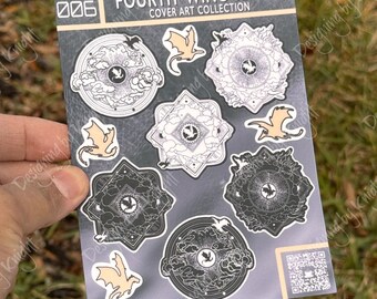 May include: A set of nine stickers featuring black and white illustrations of dragons and geometric patterns. The stickers are on a gray background and have the text "006 FOURTH WING SERIES COVER ART COLLECTION".