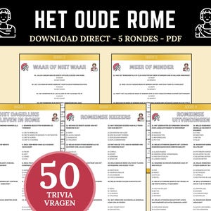 Op de afbeelding: Een digitaal PDF-trivia-spel getiteld HET OUDE ROME met 50 vragen over het oude Rome. Het document bevat vijf rondes met meerkeuzevragen, Romeinse iconen en een grote rode ronde badge met de tekst 50 TRIVIA VRAGEN in het midden.