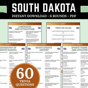 Op de afbeelding: Een digitale download van een South Dakota trivia-spel met 6 rondes en 60 vragen. Het ontwerp bevat de staatsomtrek, de woorden "South Dakota" en de zin "Instant Download - 6 Rounds - PDF."