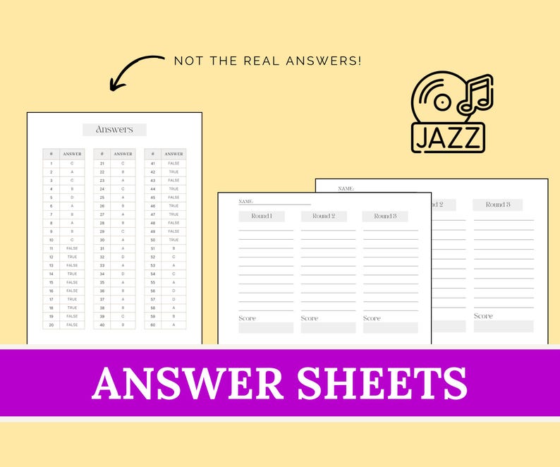 May include: A collection of answer sheets and a jazz-themed graphic on a light yellow background. The answer sheets include multiple-choice questions and space for names and scores. The text "ANSWER SHEETS" is displayed in a purple banner.