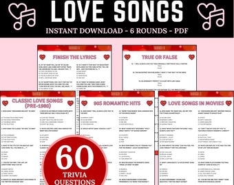 Può includere: Un gioco di quiz in PDF intitolato "Love Songs" con 6 round e 60 domande. Il gioco presenta categorie come "Completa il testo", "Vero o falso", "Canzoni d'amore classiche" e "Canzoni d'amore nei film".