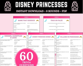 Disney Princesses Trivia | Family Game Night | Printable Disney Quiz | Princess Party Games | Disney Themed Game | Disney birthday Games