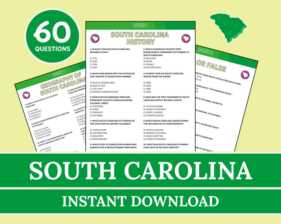 Southern Trivia South Carolina Trivia Game, Printable South Carolina Quiz, US States ...