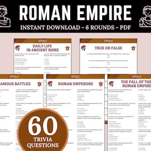 May include: A digital download featuring a Roman Empire trivia game with 60 questions across six rounds. The design includes illustrations of Roman figures and themed headers like "Daily Life" and "Roman Emperors."