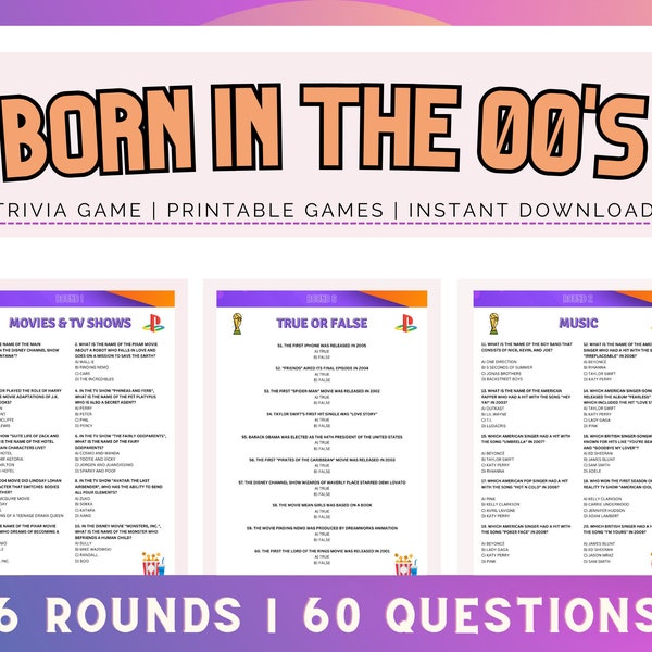 Born in the 00's Trivia | Printable Trivia Game | 60 Trivia Night Questions | Fun Born in the 2000s Quiz | Trivia for Teens | Birthday Games