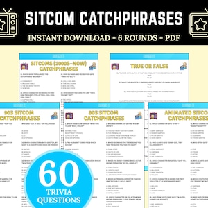 Sitcom Schlagworte Trivia Spiel | Druckbare Sitcom Trivia Fragen für Filmabend | Quiz zur Sendung | Fernseher Quiz | TV-Show-Thema-Party