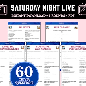May include: A digital PDF trivia game with six rounds of questions about Saturday Night Live. The game includes categories like SNL Hosts, Iconic Characters, and Musical Performances. The design features a TV graphic and the text "60 Trivia Questions."