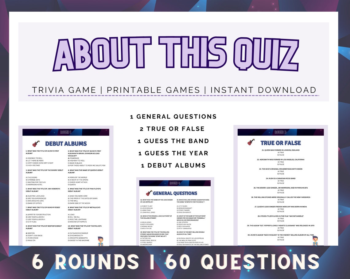 Classic Rock Bands Trivia Rock Star Trivia Printable Trivia Game 60 Trivia Questions for Trivia