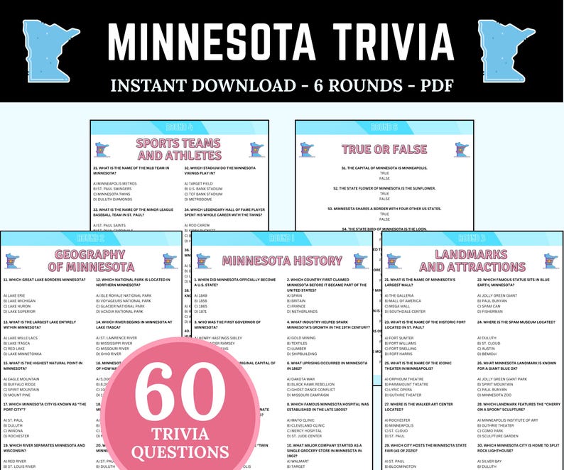 Questions Mn Minnesota Trivia Game, Printable US States Quiz, USA Travel Game ...