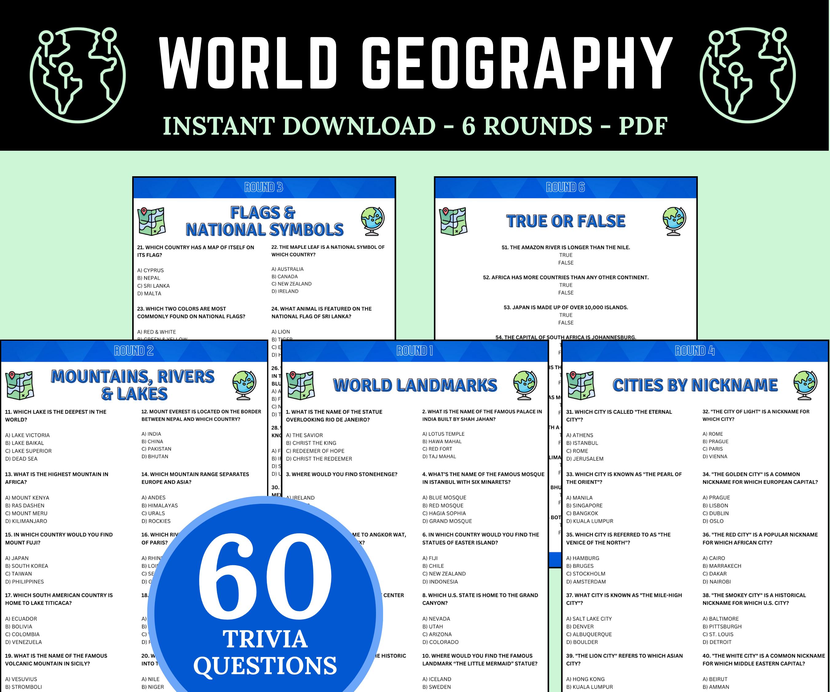 World Geography Trivia Game | World Landmarks Printable Trivia | Fun ...