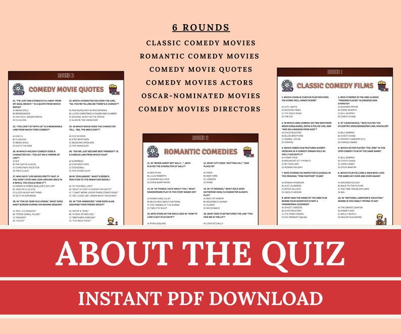 Comedy Movie Trivia Game Printable | Funny Film Quiz Questions for