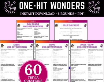 May include: A trivia game titled "ONE-HIT WONDERS" with six rounds, available for instant download as a PDF. The game features questions about boy bands, the 1980s, 1990s, and 2000s, with a total of 60 trivia questions.