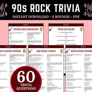 90s Rock Bands Trivia | | 1990s Rock Star Trivia Quiz | Printable Trivia Game |  Finish the Lyrics | Rock Music Trivia Game | Party Games