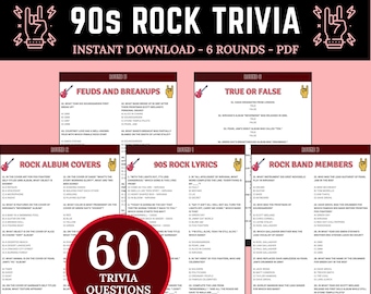 90er Jahre Rock Bands Wissenswertes | | 1990er Jahre Rockstar Trivia Quiz | Druckbares Quiz-Spiel |  Beende die Songtexte | Rock Musik Quiz Spiel | Gesellschaftsspiele
