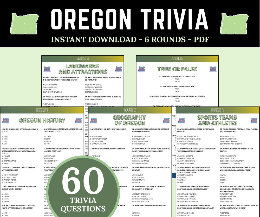 Oregon Trivia Game, Printable US States Pub Quiz, Oregon Road Trip Game ...