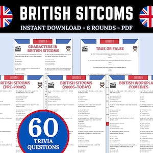 May include: A digital download graphic with the text "BRITISH SITCOMS" and a Union Jack flag on each side. The image includes trivia questions in six rounds, with the text "60 TRIVIA QUESTIONS" in a blue circle.