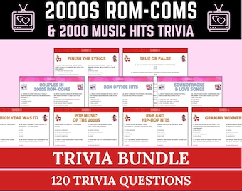 Zestaw gier quizowych: ciekawostki o komediach romantycznych z lat 2000. i muzycznych hitach z lat 2000. | Quiz nostalgiczny z lat 2000. do druku | Urodziny z lat 2000. | Zabawny quiz z lat 2000. dla miłośników filmów