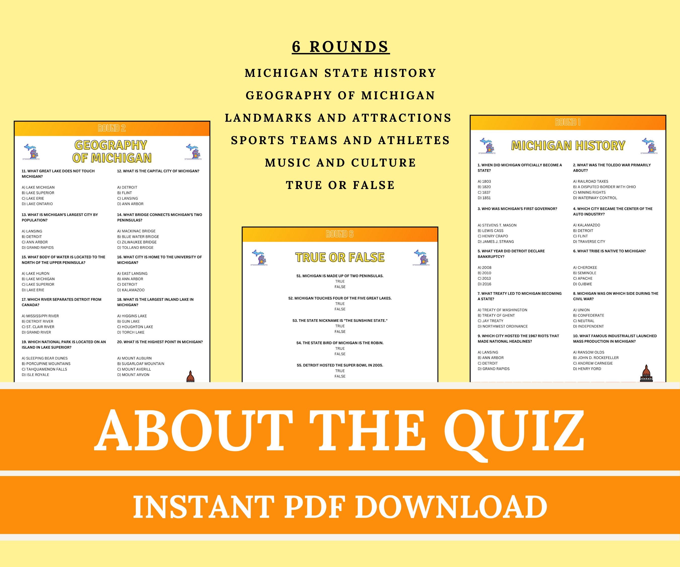 Michigan Trivia Michigan Trivia Game, Printable US States Quiz, USA Travel Game ...