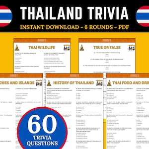 Pode incluir: Um download digital com perguntas sobre o quiz da Tailândia. A imagem mostra seis rodadas de perguntas, incluindo vida selvagem tailandesa, verdadeiro ou falso, praias e ilhas, história e comida e bebida tailandesa. A imagem inclui o texto "60 Trivia Questions".