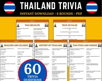 Cuestionario imprimible sobre Tailandia / Descubre datos sobre Tailandia / Divertido juego de viajes para niños y adultos / Actividad de viaje por Asia / Preguntas sobre comida tailandesa