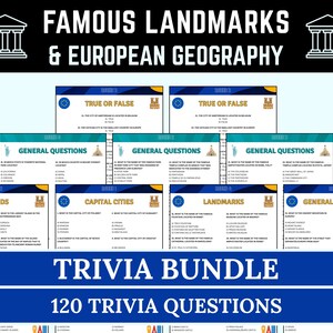 Famous Landmarks Trivia & European Geography Trivia Bundle | Printable Educational Travel Quiz for Classroom | Landmarks Quiz Game Questions