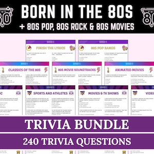 May include: A trivia bundle with a purple and white design, featuring the text "BORN IN THE 80S" and trivia categories like "Finish the Lyrics" and "80s Pop Bands." The bundle includes 240 trivia questions.